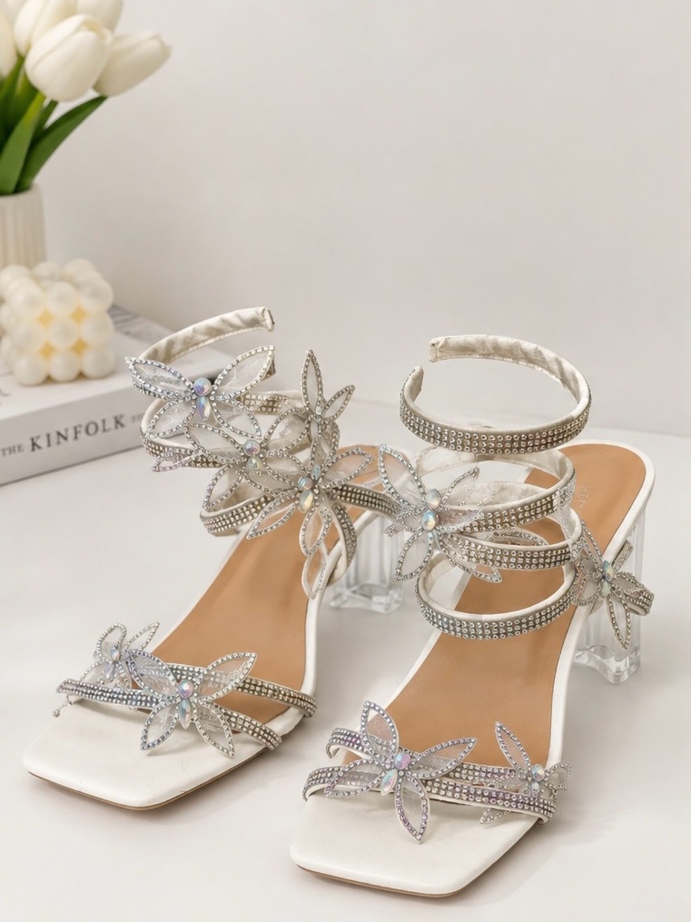 SHEIN White Crystal Flower Strappy Block Heel Sandals